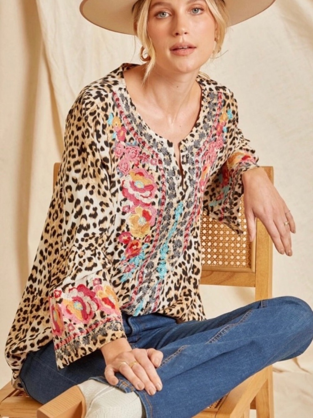 Savanna Jane Leopard-Print Tunic with Pink & Blue Embroidery